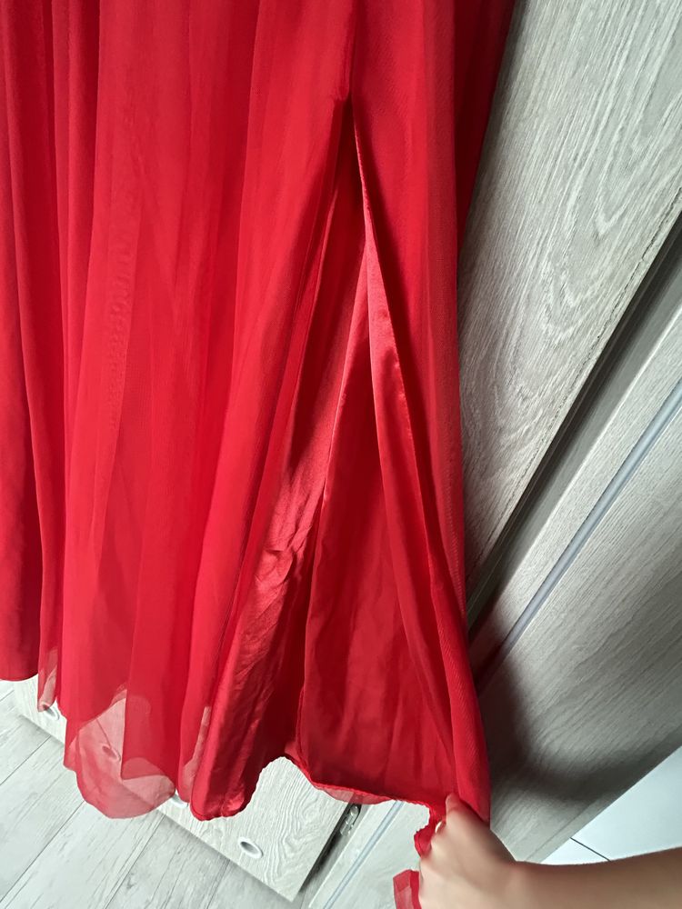 Sukienka weselna suknia długa czerwona S 36 koronka tiul