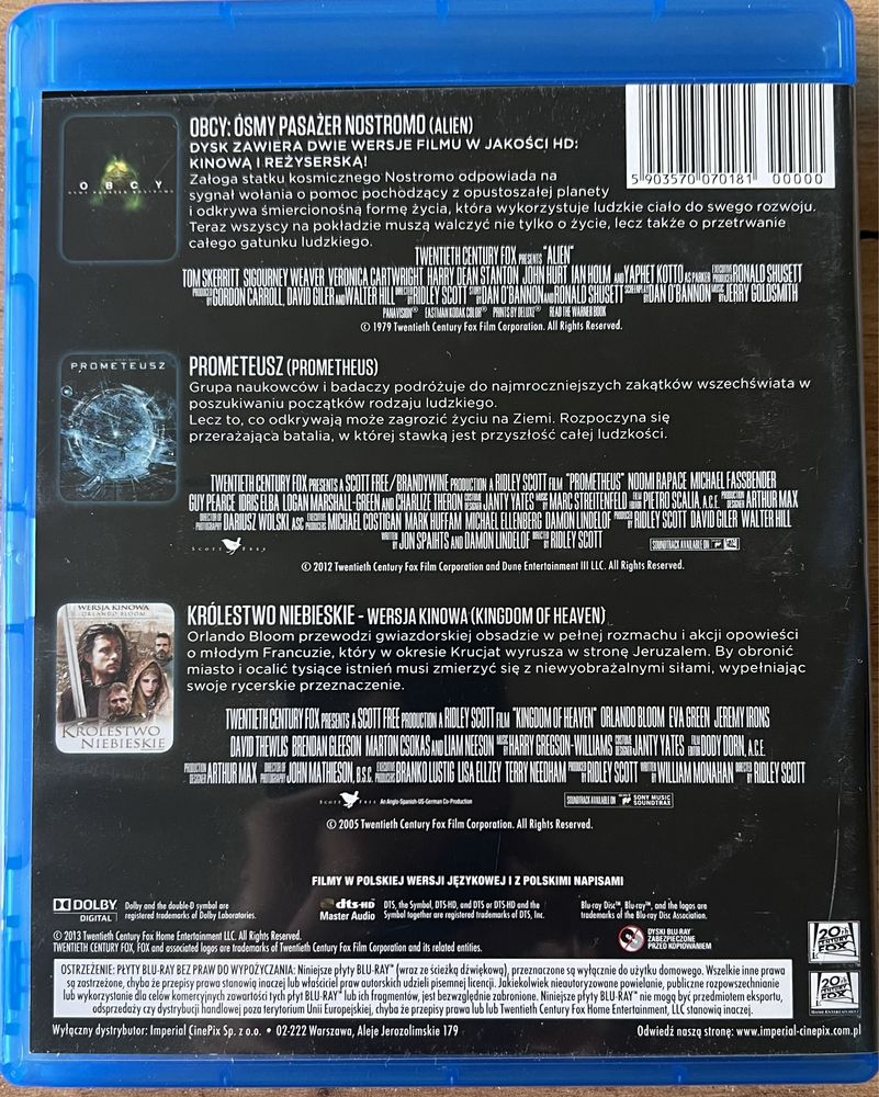 3 filmy Blu-ray Prometeusz, Obcy 8 pasażer, Królestwo Niebieskie