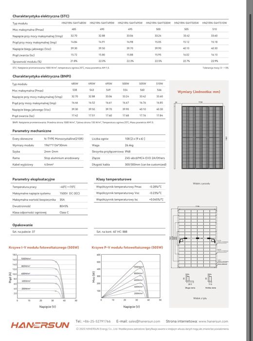 Moduł panel fotowoltaiczny 500W Hanersun Bifacial Fullblack