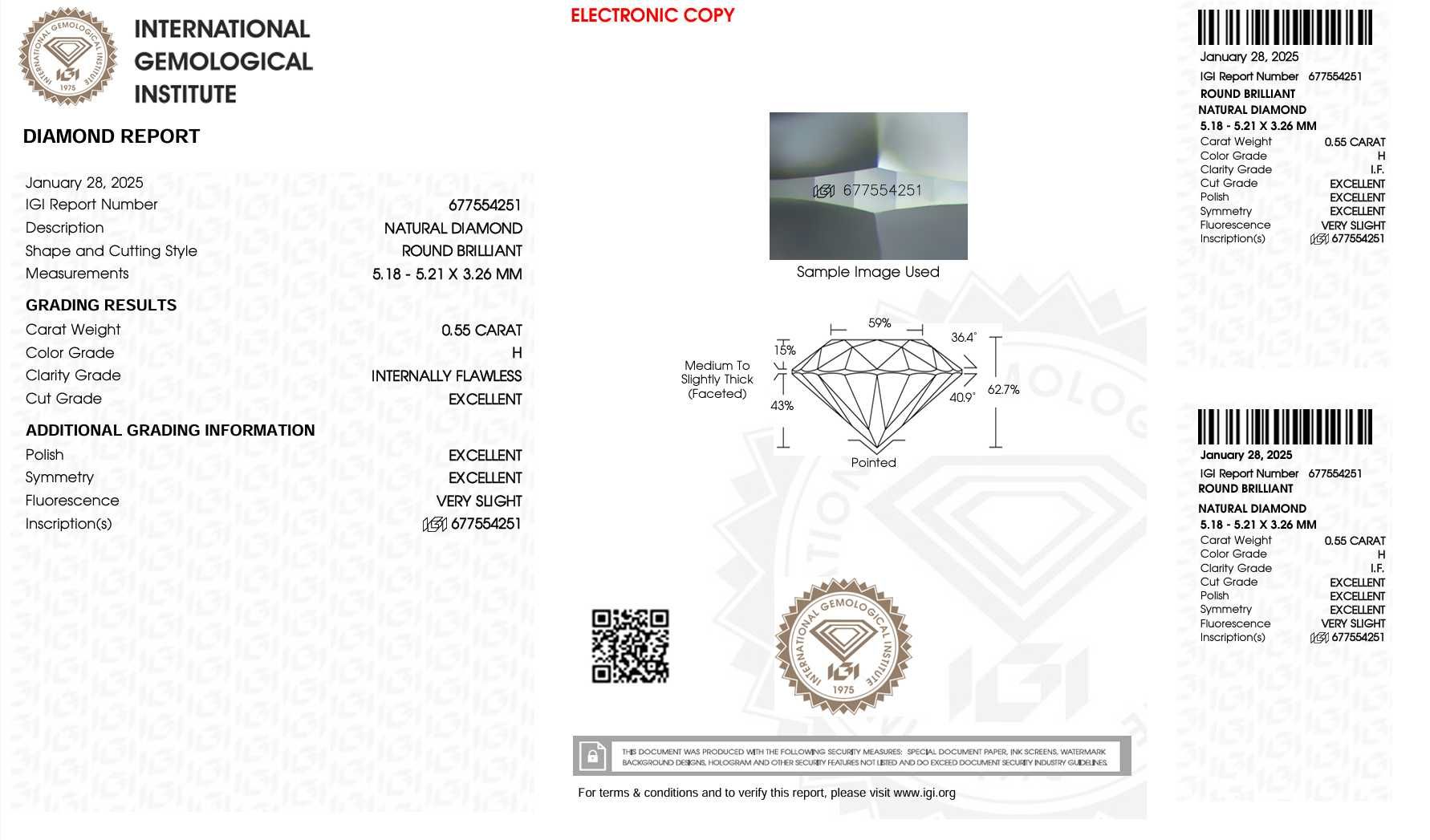 Diament naturalny, brylant 0.55ct H/IF 3xExcellent. Raport IGI.