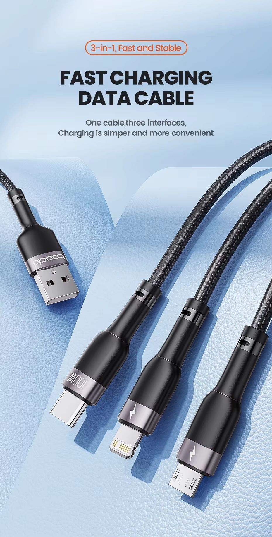 Кабель для зарядки Toocki 3в1. 6A,100W. 1.2м