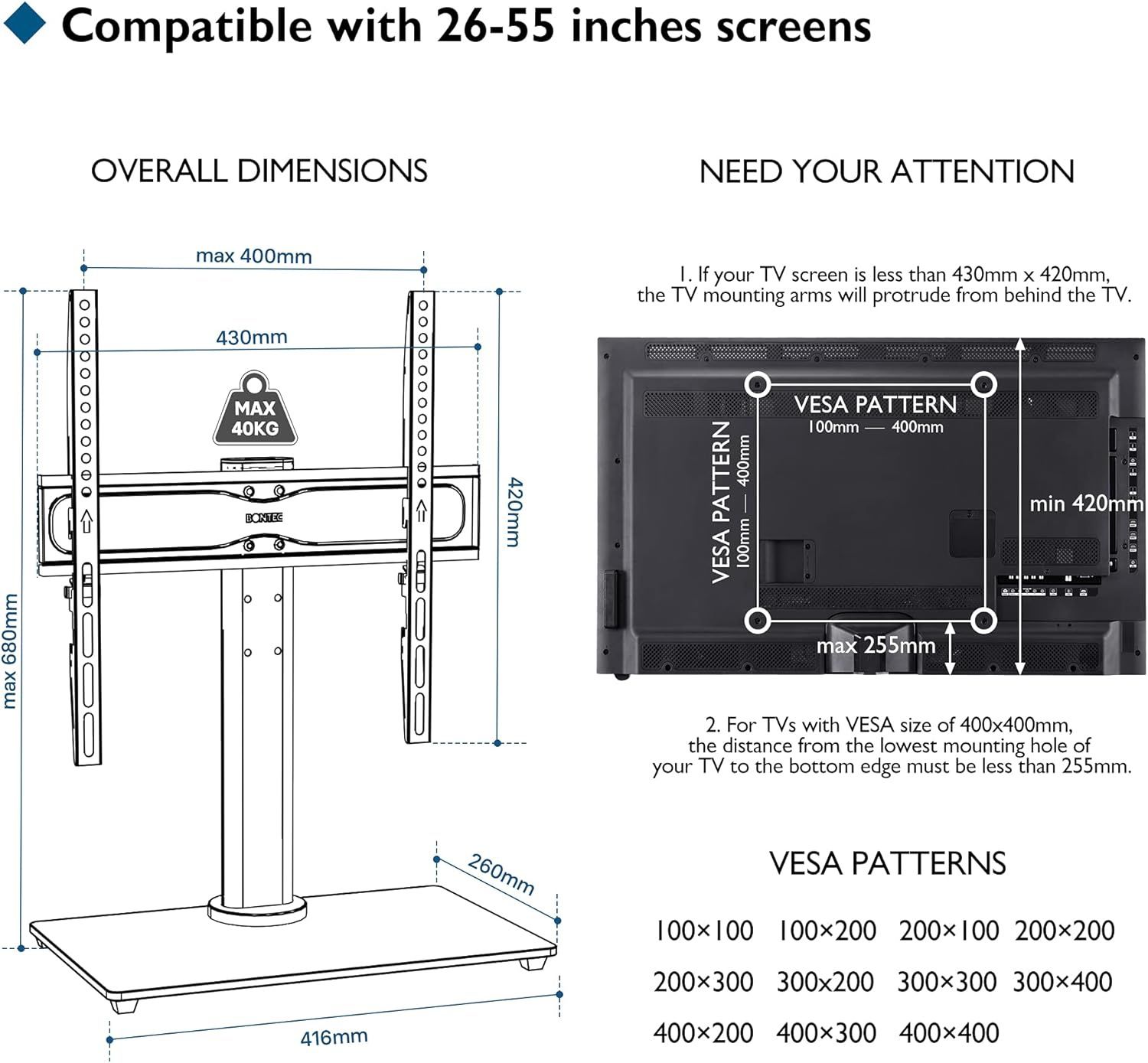 Suporte TV para mesa p ecrã de 26 a 55 pol max 40kg