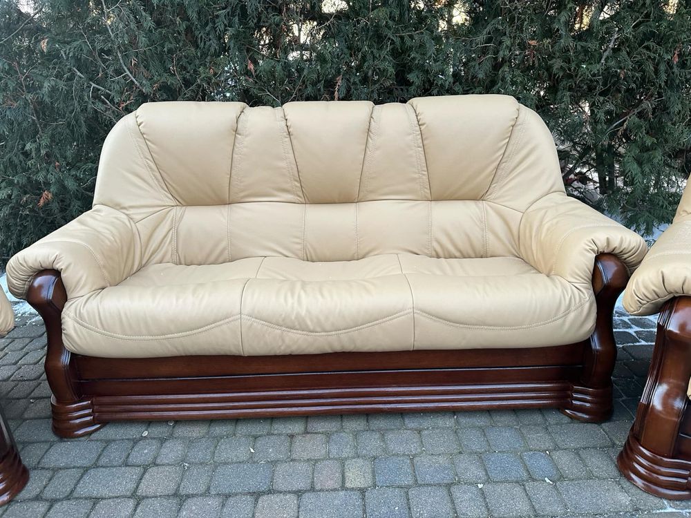 Zestaw wypoczynkowy dąb sofa fotele Nowa Naturalna skóra po renowacji