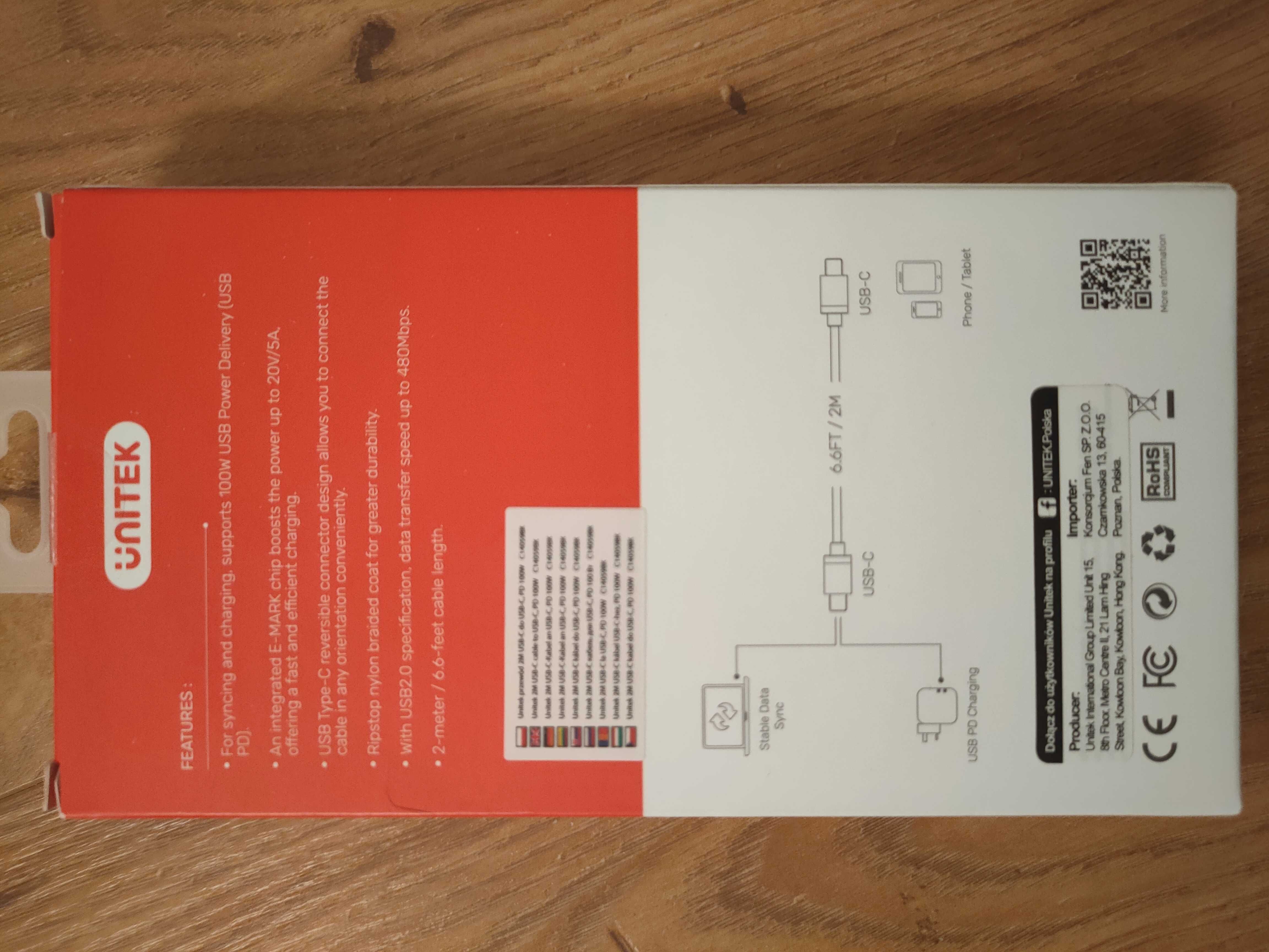 Kabel Unitek USB-C do USB-C PD power delivery 100W 2m Markowy NOWY