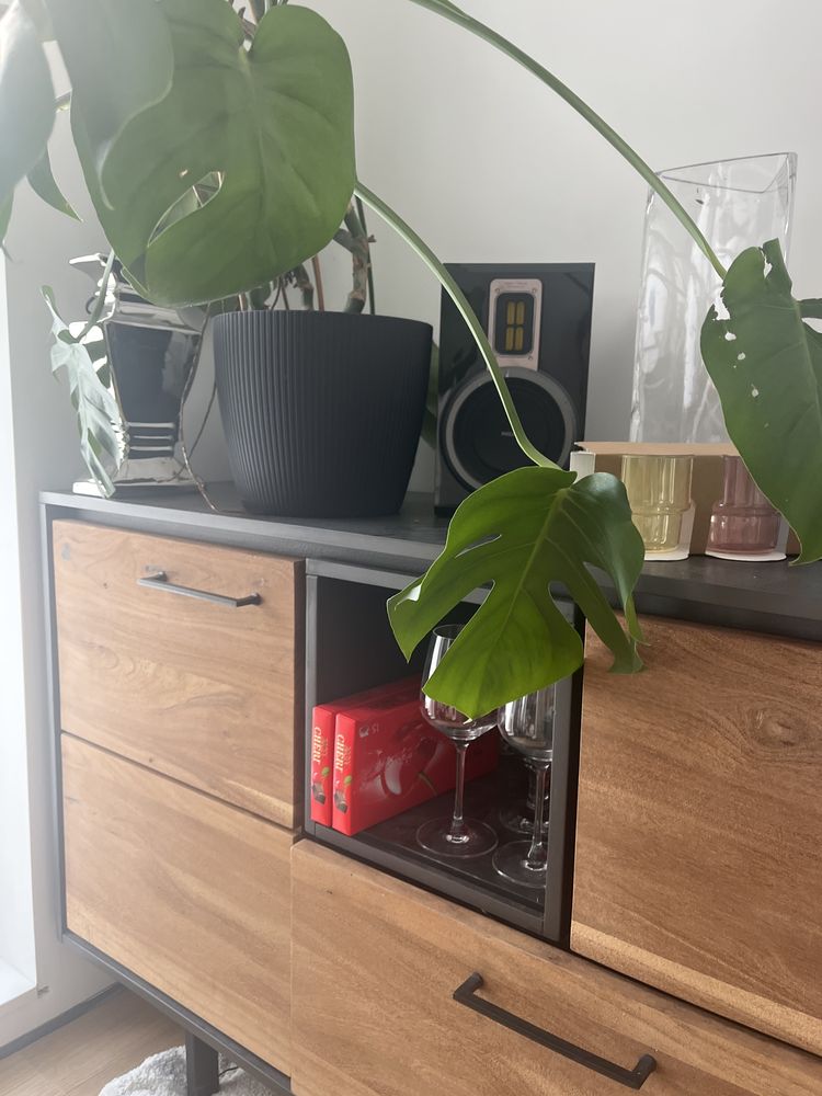 Komoda z frontami z drzewa mango, stół i krzesla tez