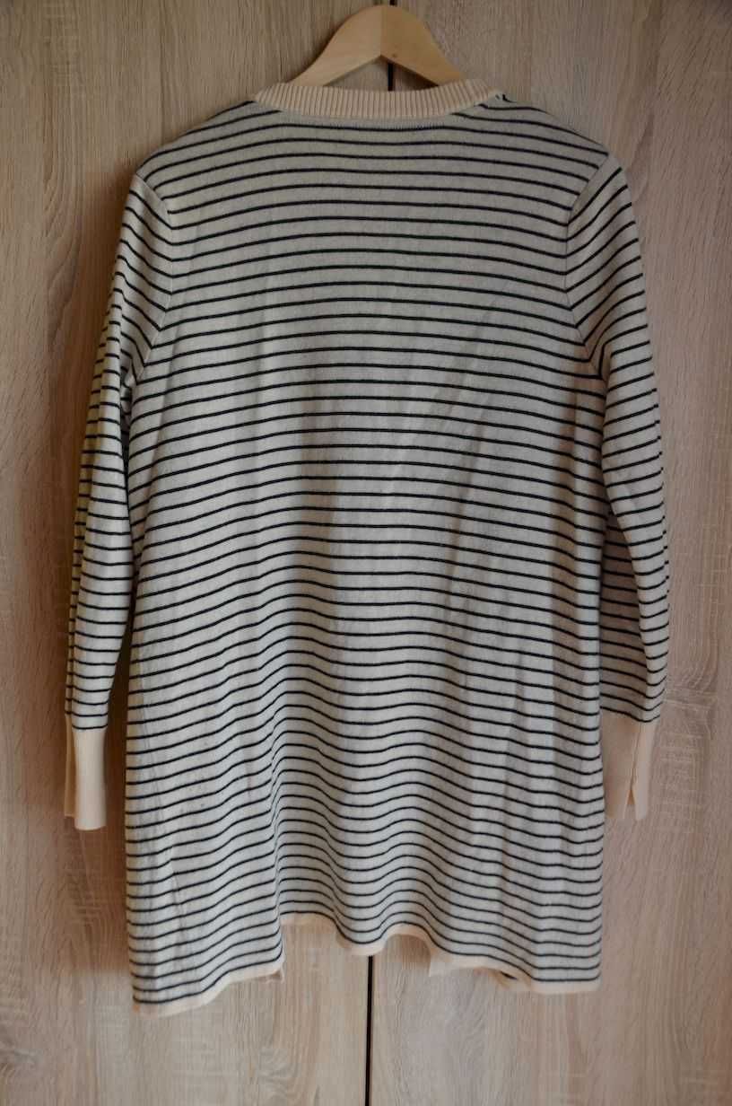 Sweter kardigan długi w paski wełniany ciepły M L z kieszeniami