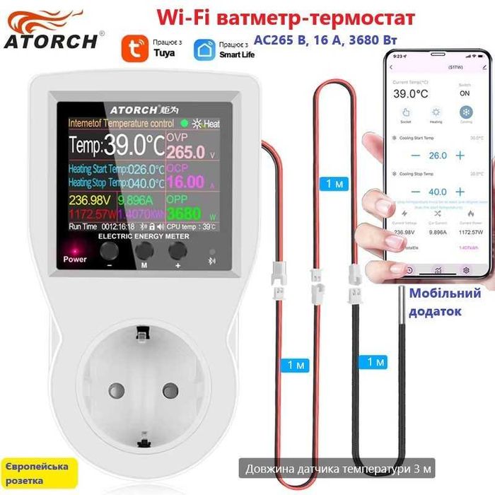Wi-Fi ватметр. Розумний енергомір. Ватметр в розетку. Wi-Fi термостат