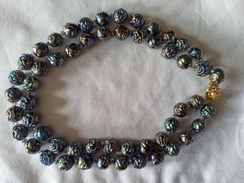 Vintage Prześliczny naszyjnik z paciorków z opalizującego szkła