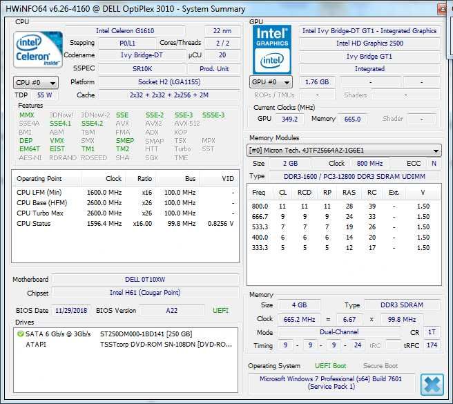 DELL OptiPlex 3010 USFF Intel G1610 2,6GHz 250GB/4GB/WIN7 HDMI