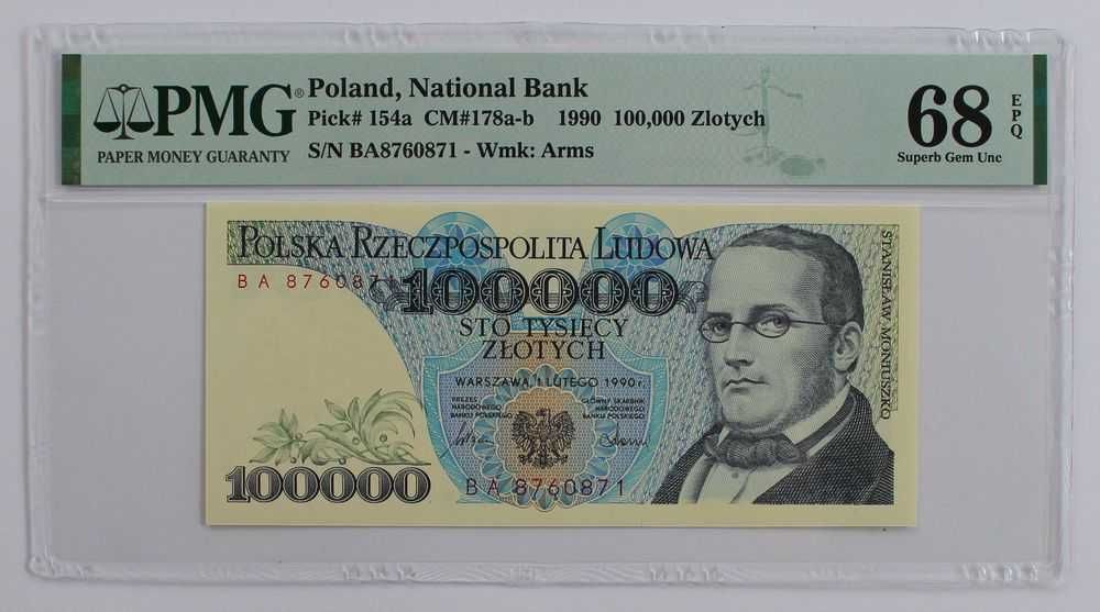 Stanisław Moniuszko 100.000 zł 1990 banknot grading PMG 68