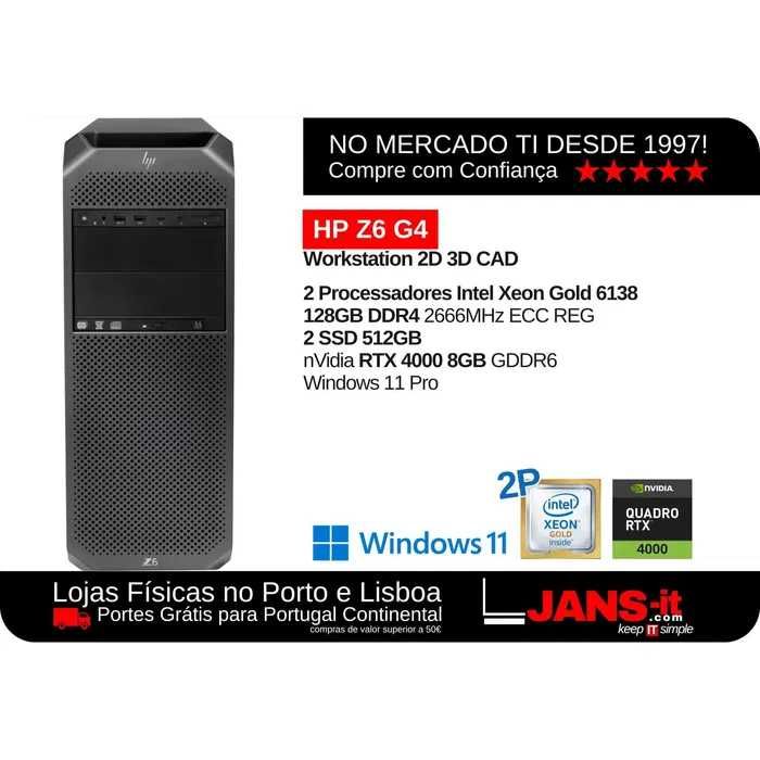 HP Z6 G4 2P Xeon Gold 6138 | 128GB | 2xSSD 512GB | nVidia RTX 4000