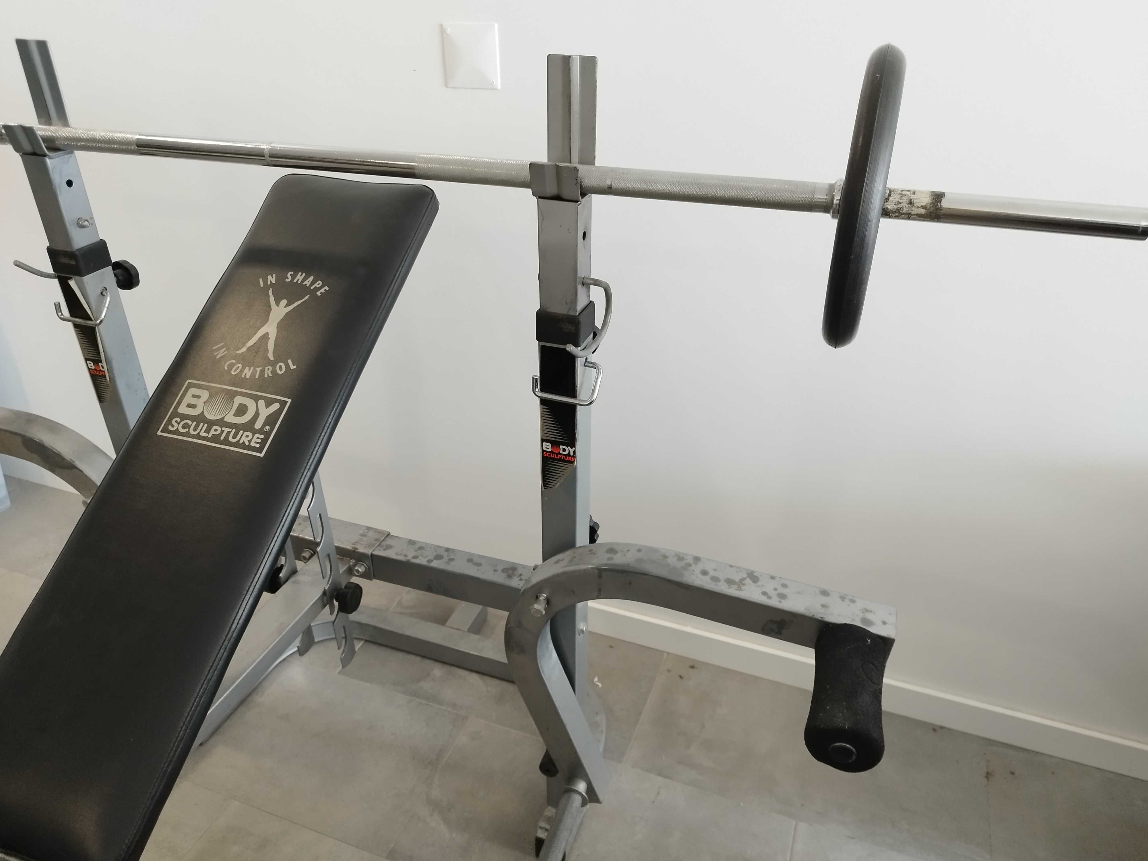 Banco de musculação multifunções com 2 barras, 2 halteres e 20 discos