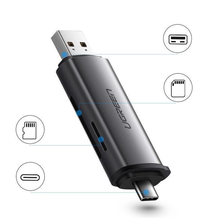 Ugreen czytnik kart SD / micro SD na USB 3.0 / USB Typ C 3.0 szary