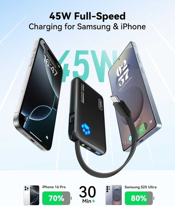 INIU 45W Power Bank, with Built-in USB C Cable, 10000mAh Small