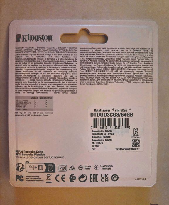 Pen Drive dupla Kingston 64GB USB-A + USB-C