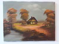 Stary obraz olejny pejzaż wiejska chata nad rzeką
