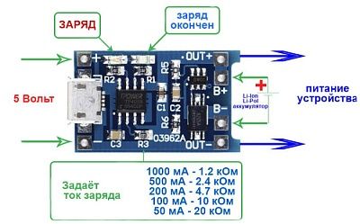 TP4056 зарядка Type-C с функцией защиты аккумулятора Li-Ion 1A