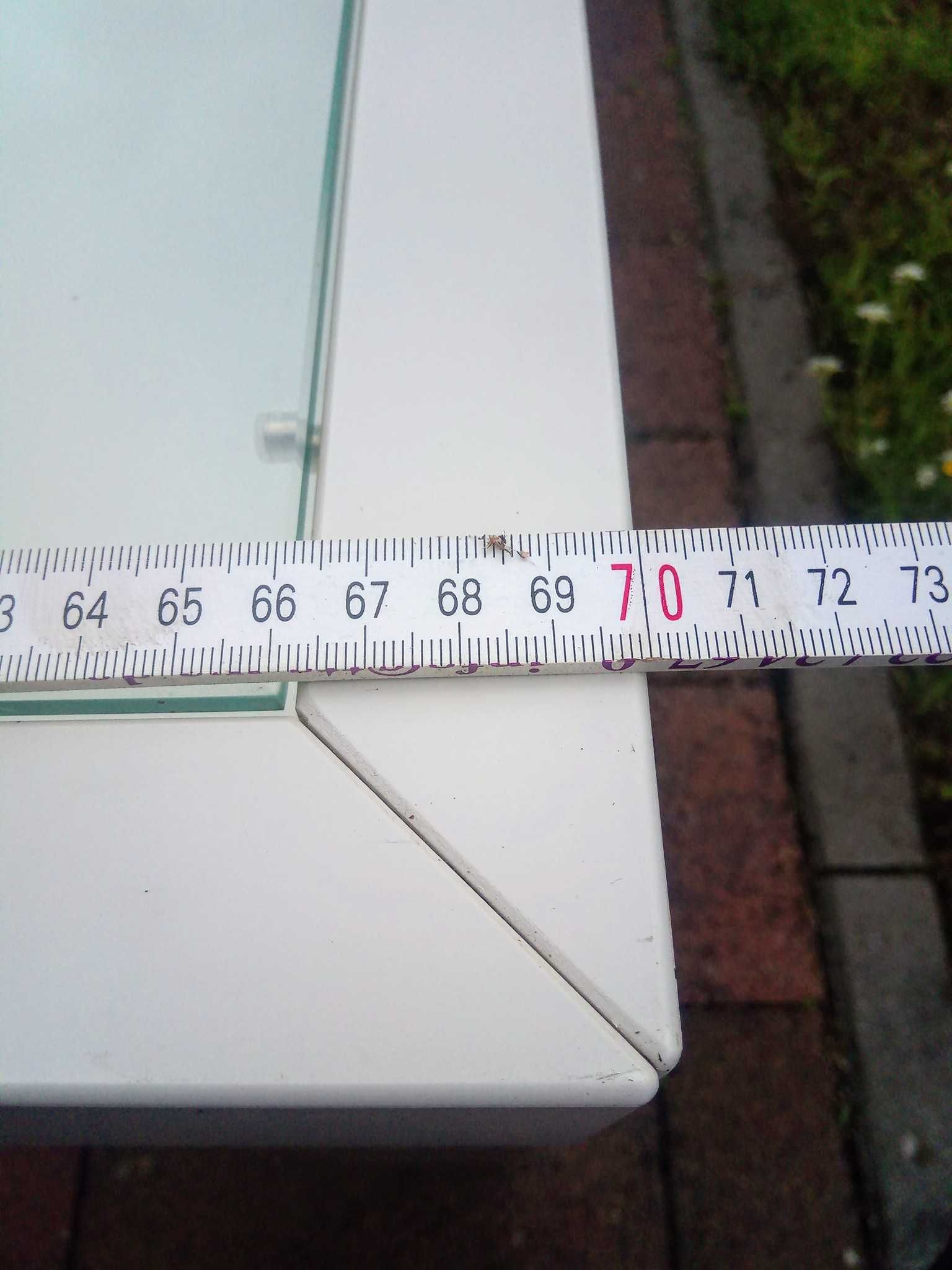 Biały stolik kawowy z witryną.