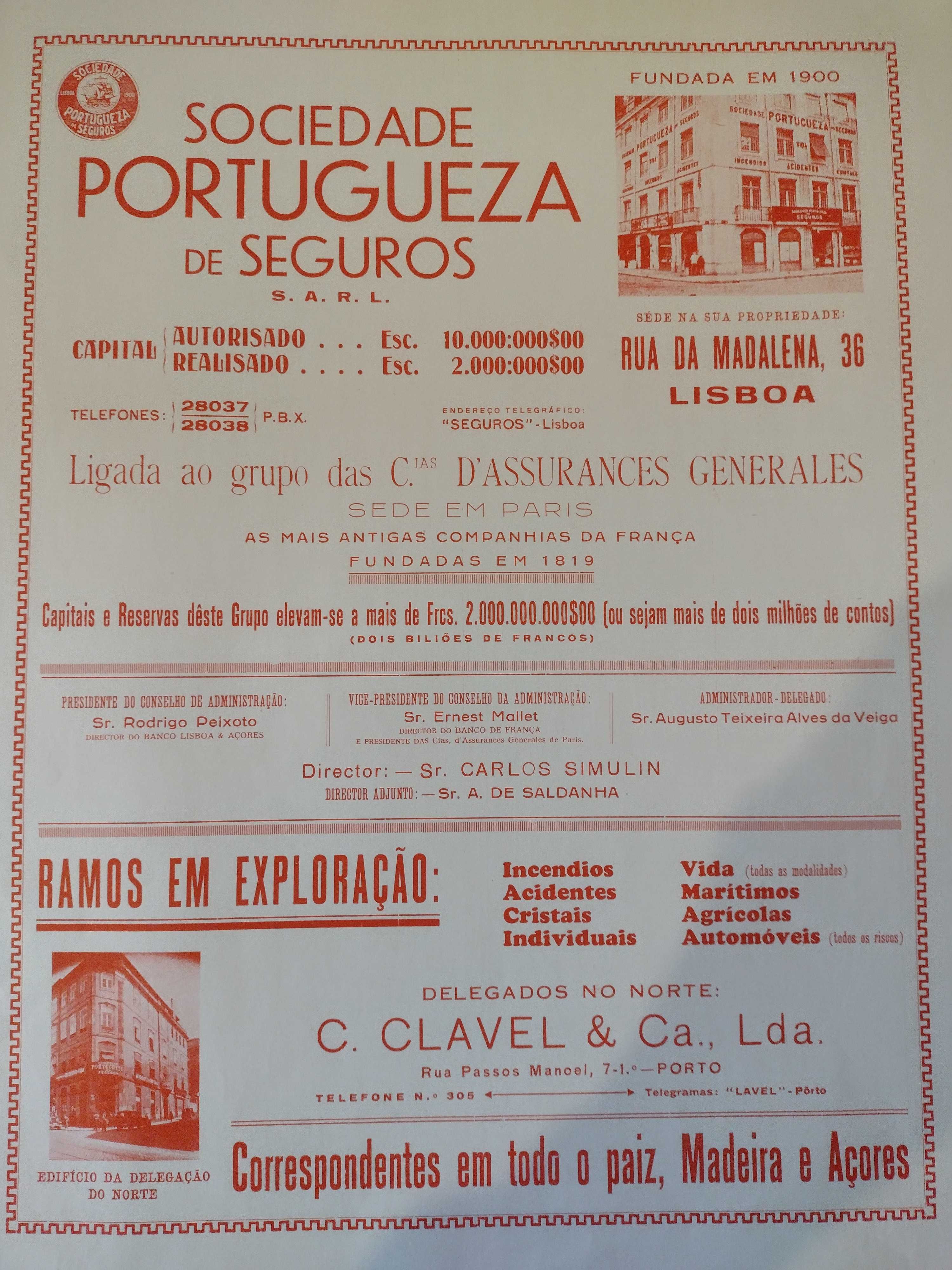 Sociedade Portugueza de Seguros Quadro com Publicidade da Época
