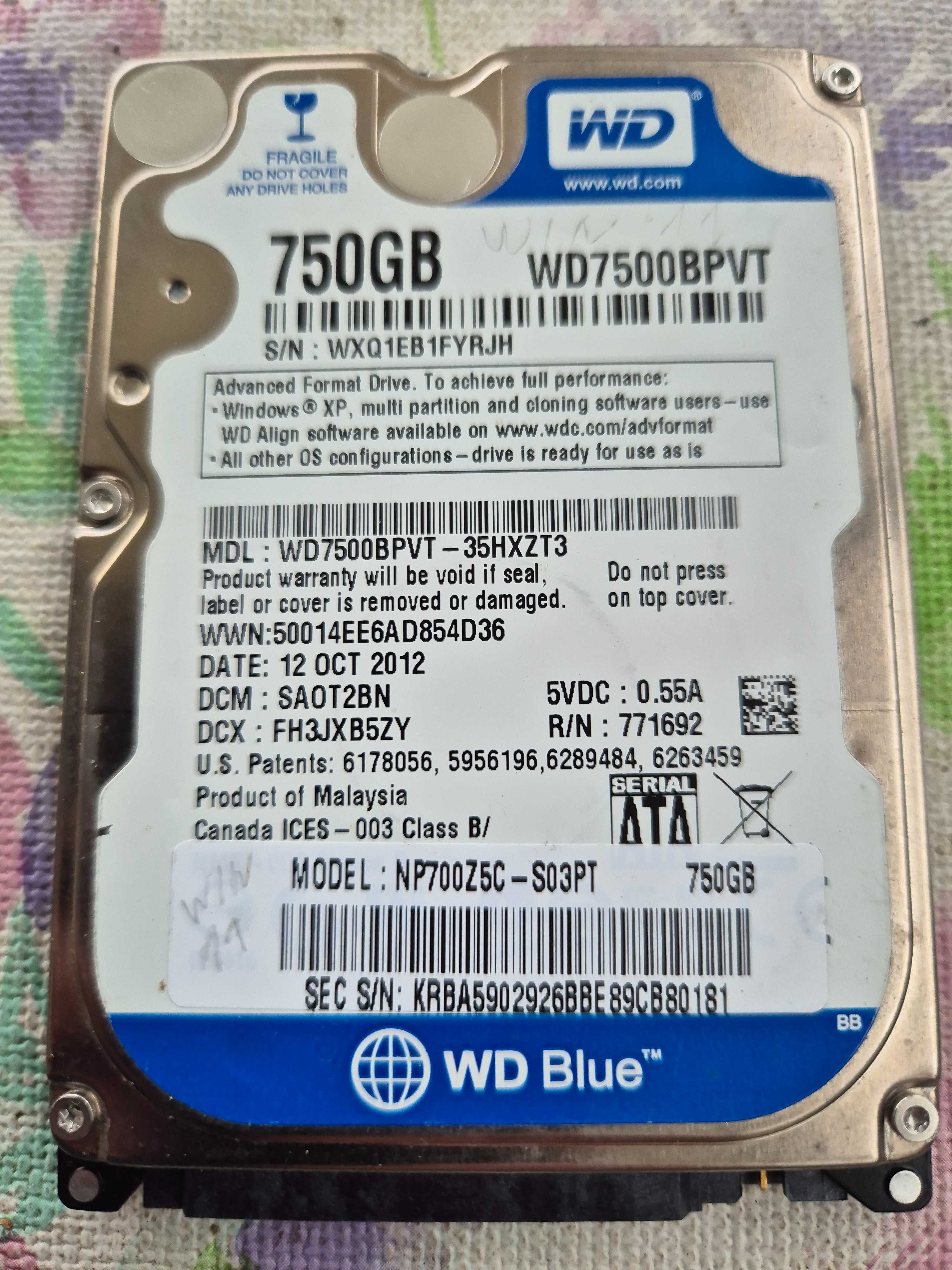 disco WD 7500BPVT sata de 2,5" de 750gb sem anomalia