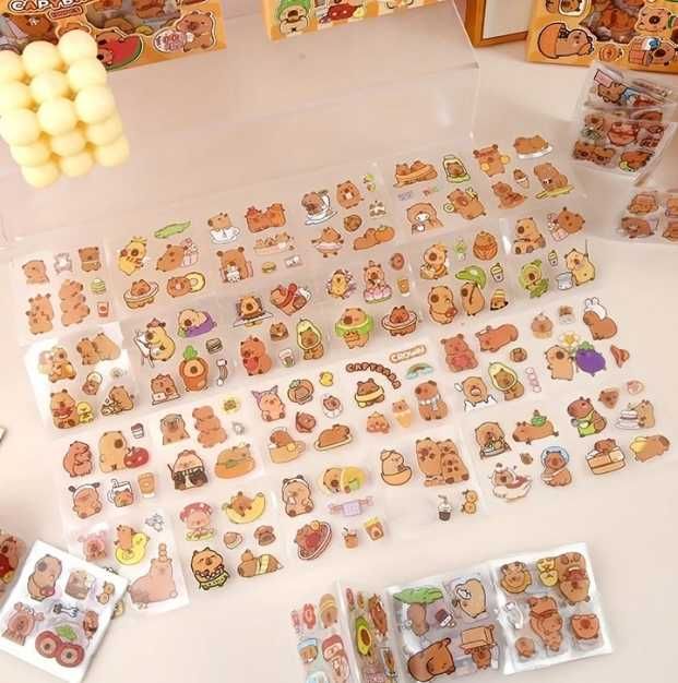 pudełko prezent 100 arkuszy naklejki wlepy Kapibara kawaii