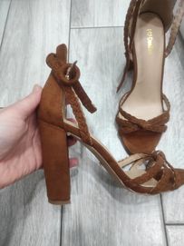 Buty sandały na słupku zamsz, brąz, karmel 37 DeeZee