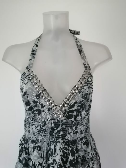 Szara sukienka wzory bawełna wiązana falbany lato George, rozmiar 10