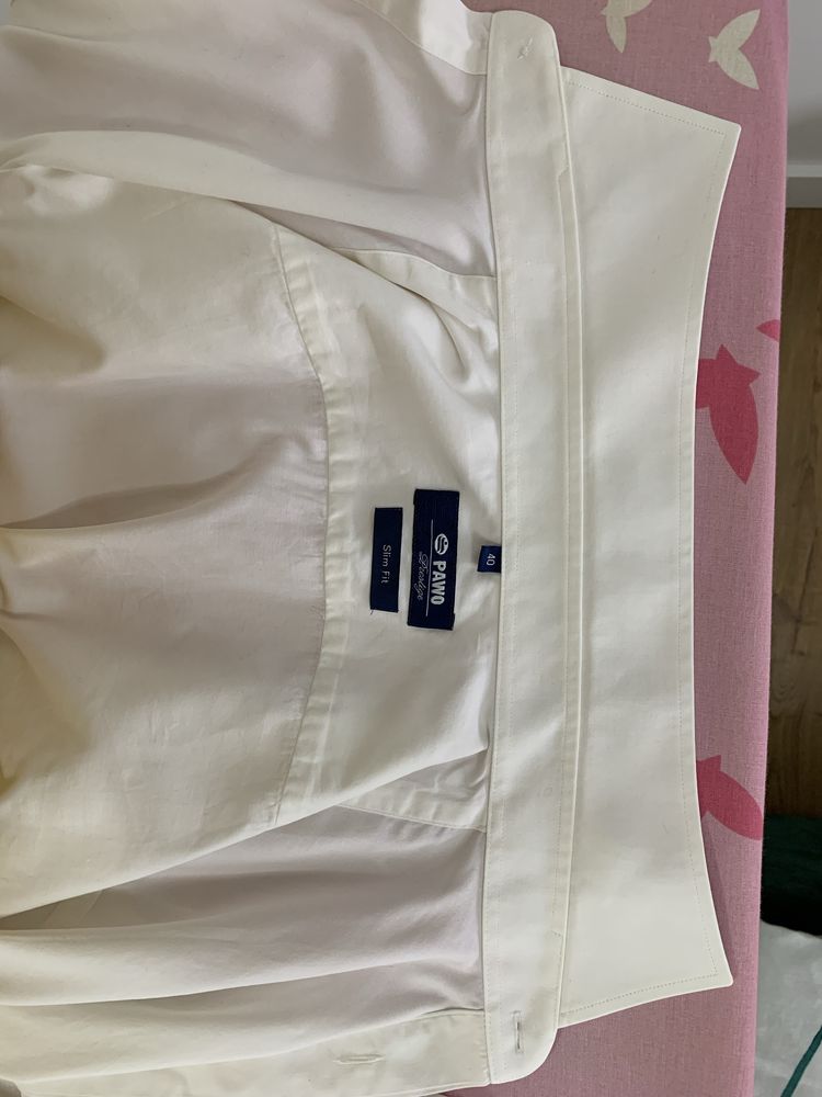 3 Koszule męskie ślubne na spinki PAWO 40 śmietankowa Viviana slim fit