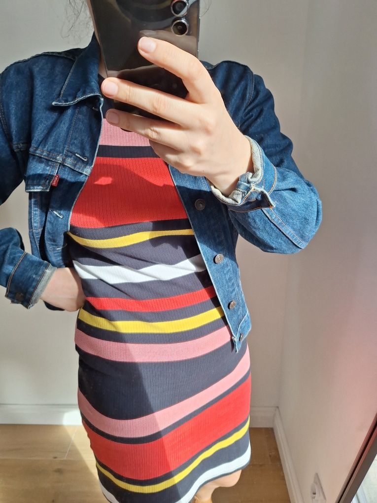 Sukienka tuba midi kolorowa casual basic na wiosnę w paski wyszczuplaj