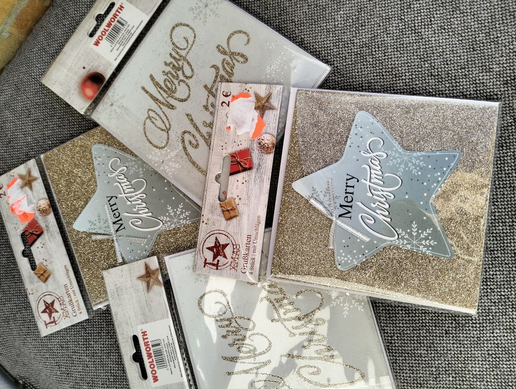 Kartki świąteczna pocztówki na życzenia brokat gwiazdki kokardki koper