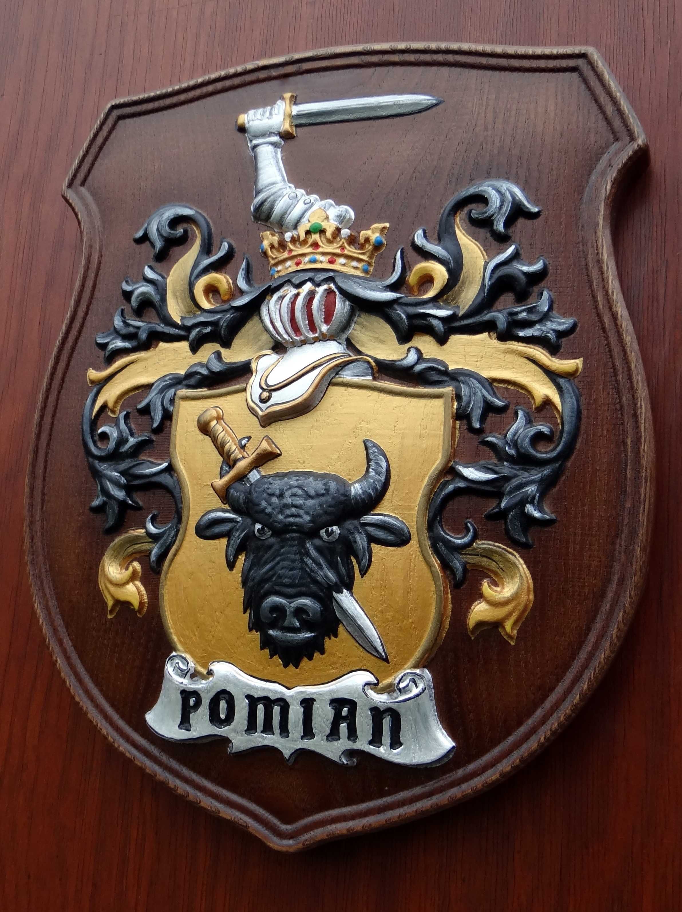 Herb szlachecki POMIAN - płaskorzeźba w drewnie jesionowym