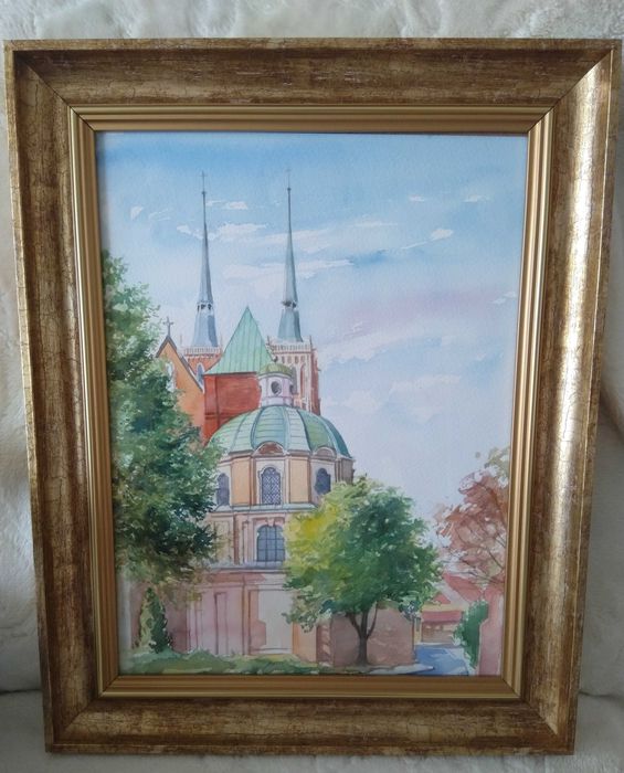 obraz akwarela Ostrów Tumski Wrocław wymiary obrazu 38cm x 48cm