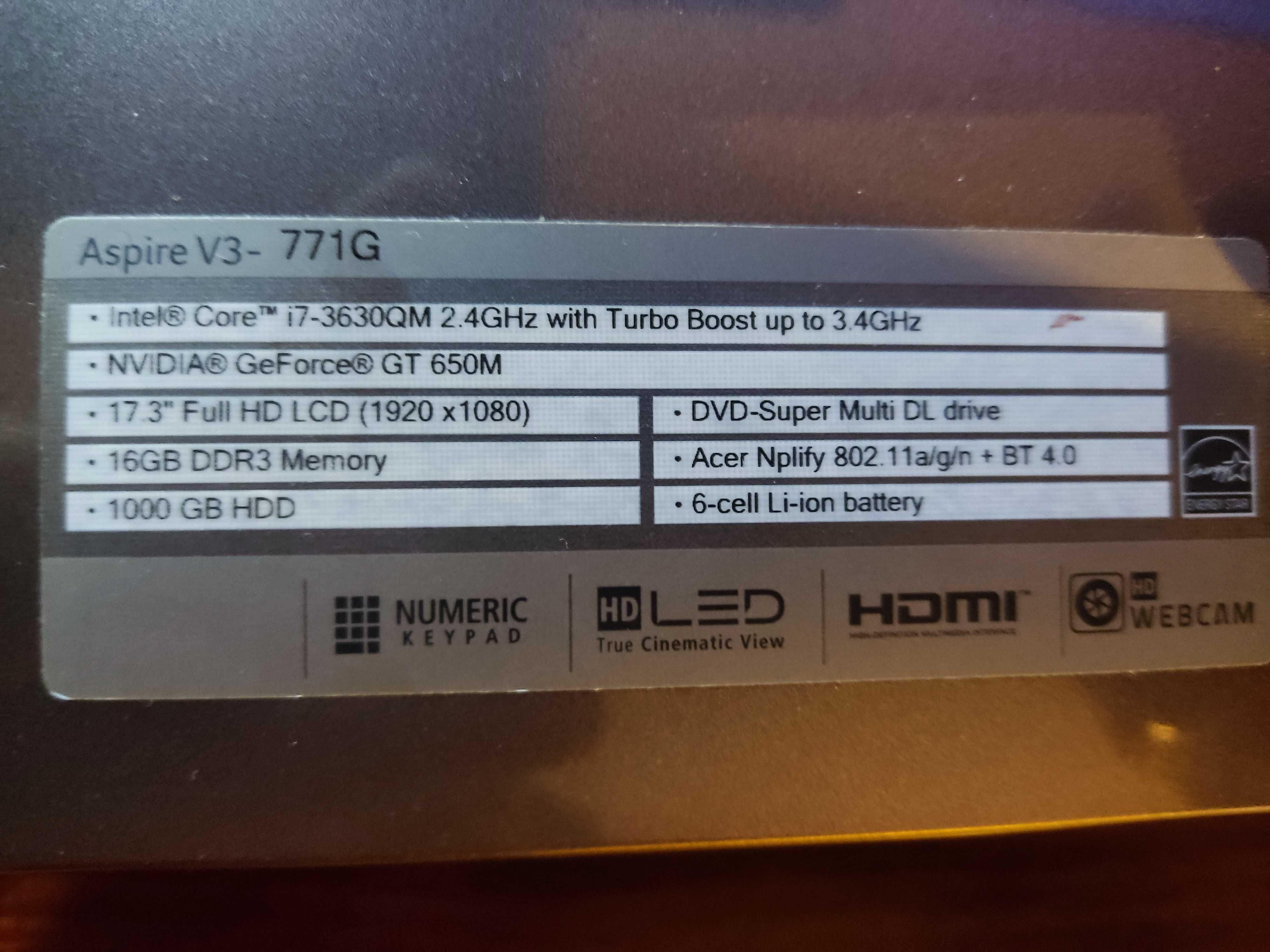 Acer Aspire V3 i7-3630QM 12gb ram Geforce 950 2GB