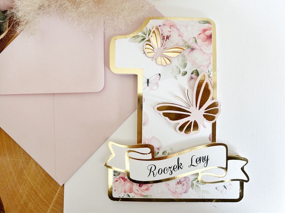 Zaproszenia jedynki na roczek chrzest urodziny motylki