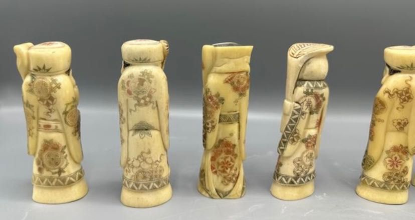 Raro conjunto esculturas sete imortais em osso