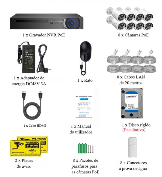 KIT / Sistema Vídeo Vigilância‼️ NVR‼️ 8 Câmaras PoE ‼️ 5 MegaPíxeis