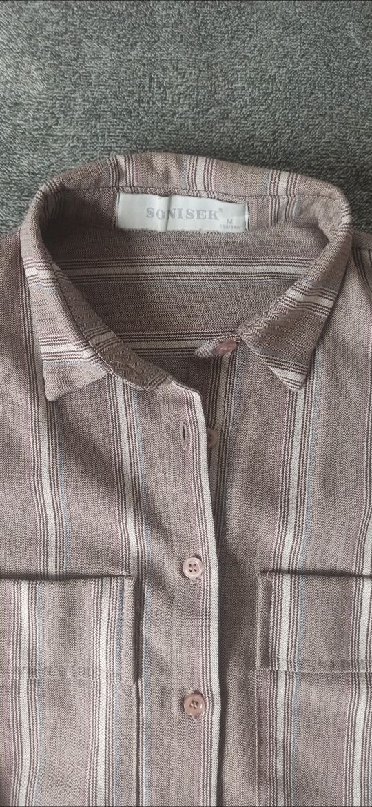 Brązowa damska koszula w delikatne paski vintage oversize rozmiar M 38