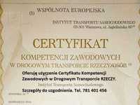 Certyfikat Kompetencji Zawodowych w Drogowym Transporcie Rzeczy.