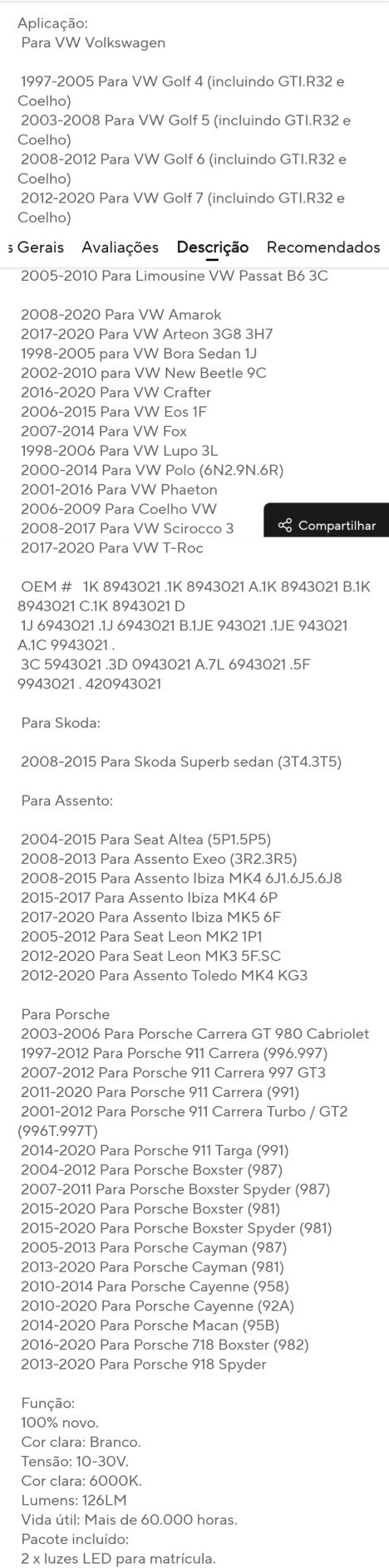 Luzes matrícula Led Vw, SEAT, Audi
