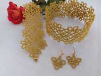 Biżuteria koronkowa - kolczyki, bransoletka, choker złoty kolor