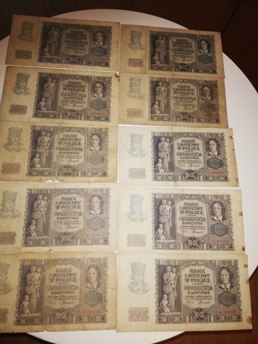 Okazja 10 sztuk banknotów 20 zloty 11940 rok