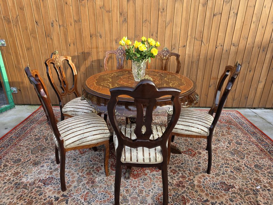 Stół okrągły intarsjowany okuwany mosiądzem + 6 krzeseł #2118 Stylowy