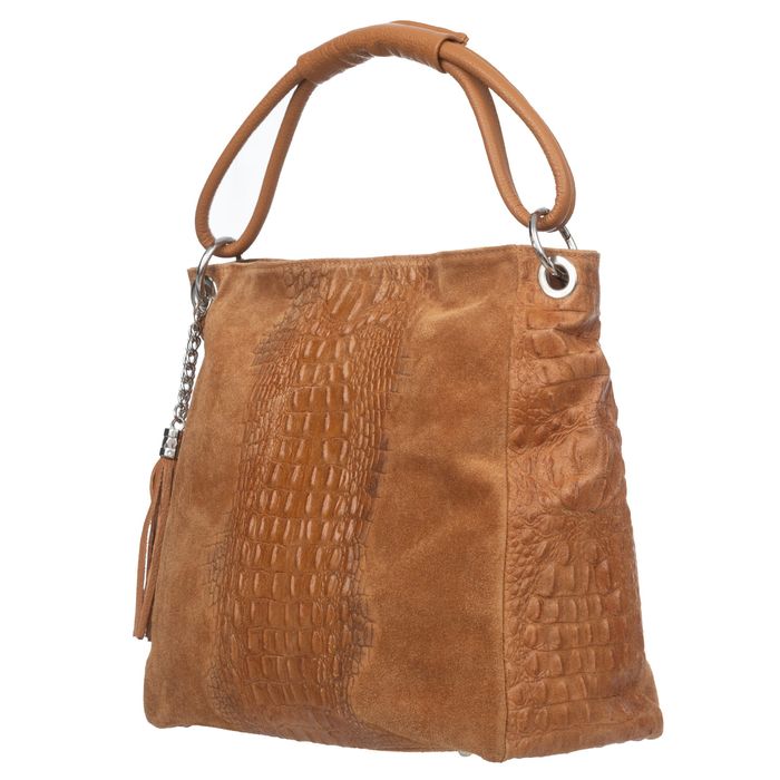 VERA PELLE torebka zamszowa worek kroko z frędzelkami V592 fuksja