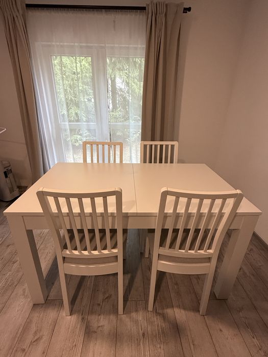 Stół i 4 krzesła | Obiadowy | Rozkładany | Biały | 140(180)x80
