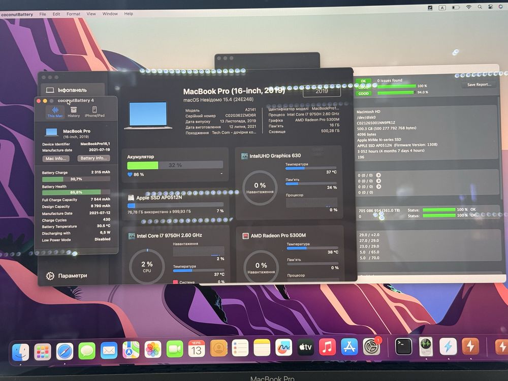 Apple Macbook Pro A2141 16 Mid 2019 (2021) i7-9750H/16GB /512GB /5300M