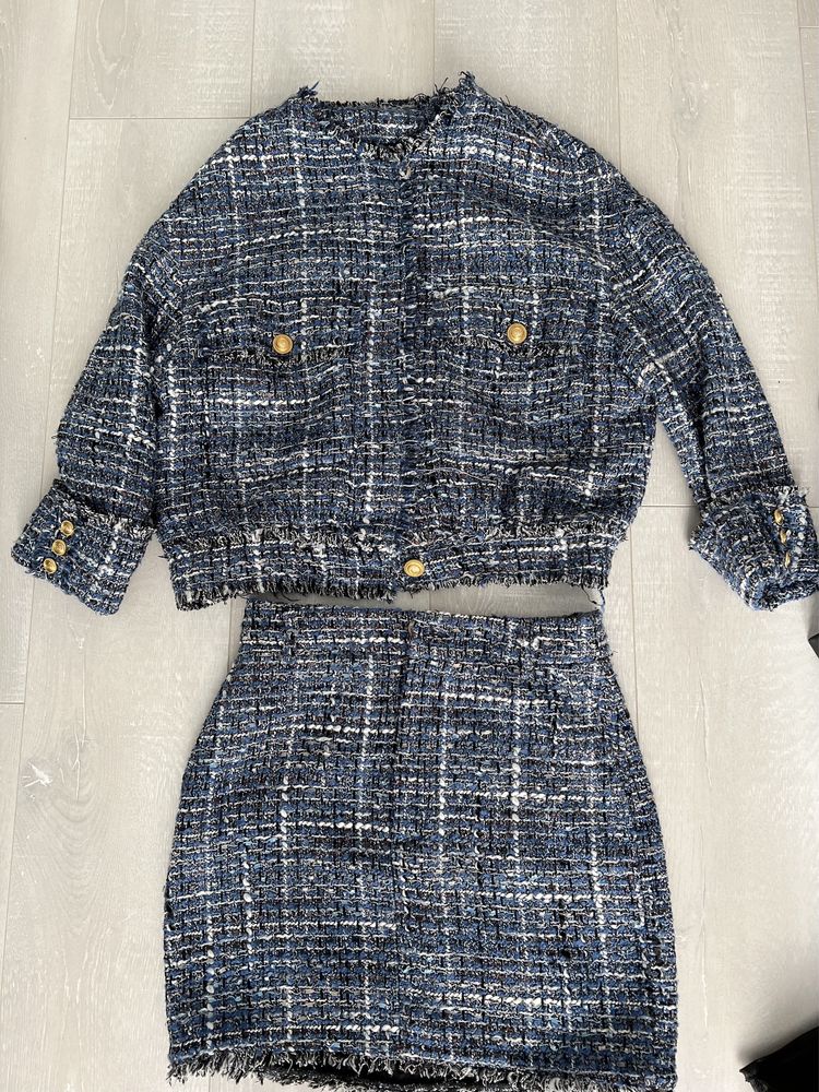 Костюм Zara пиджак с юбкой в стиле шанель твидовый