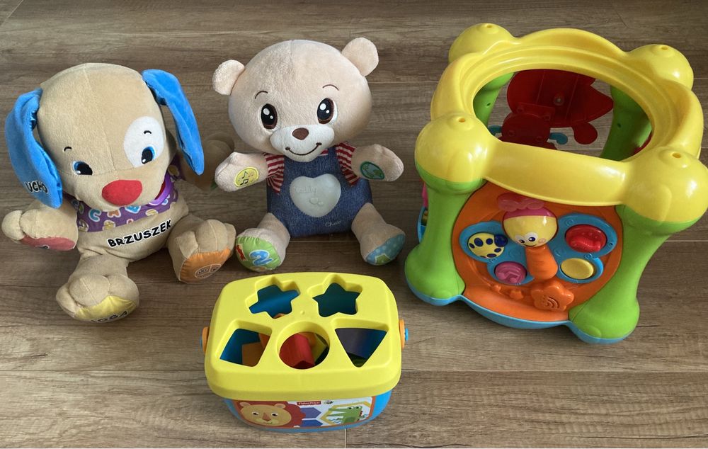 Zestaw szczeniaczek uczniaczek, sorter Fisher Price, miś Chicco