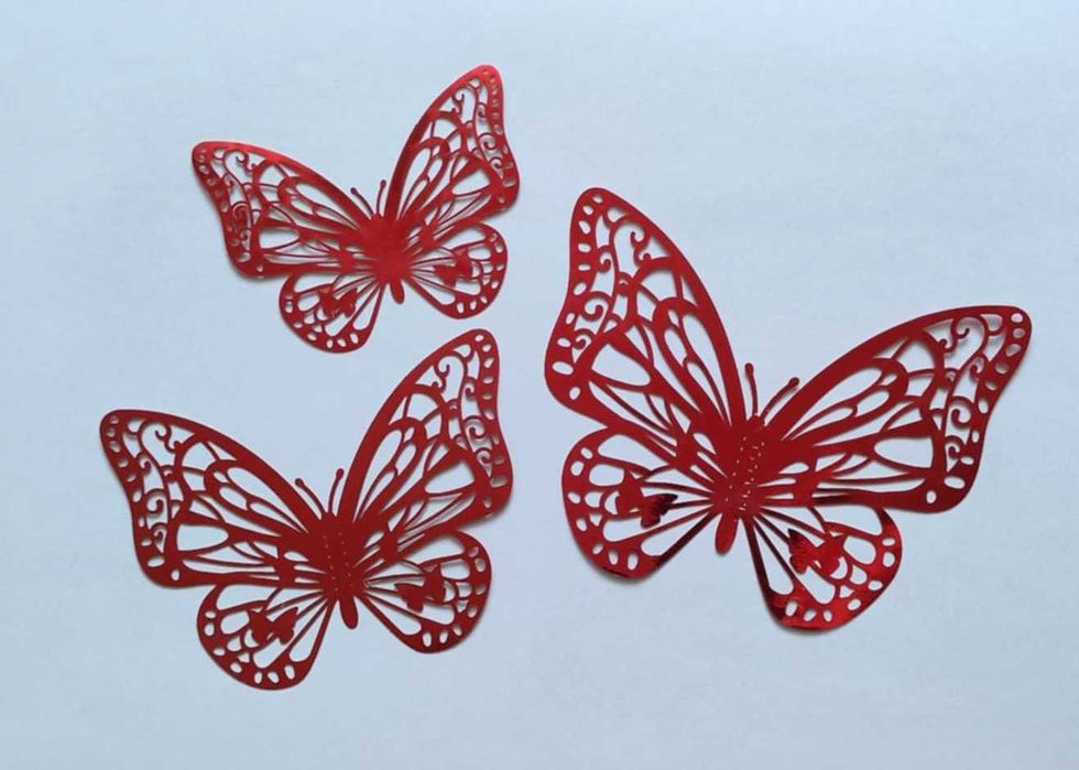 Czerwone Motyle 3D Ażurowe Naklejki Błyszczące Połyskujące 12 szt