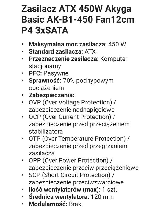Sprzedam zasilacz ATX 450W Akyga Basic AK-B1-450