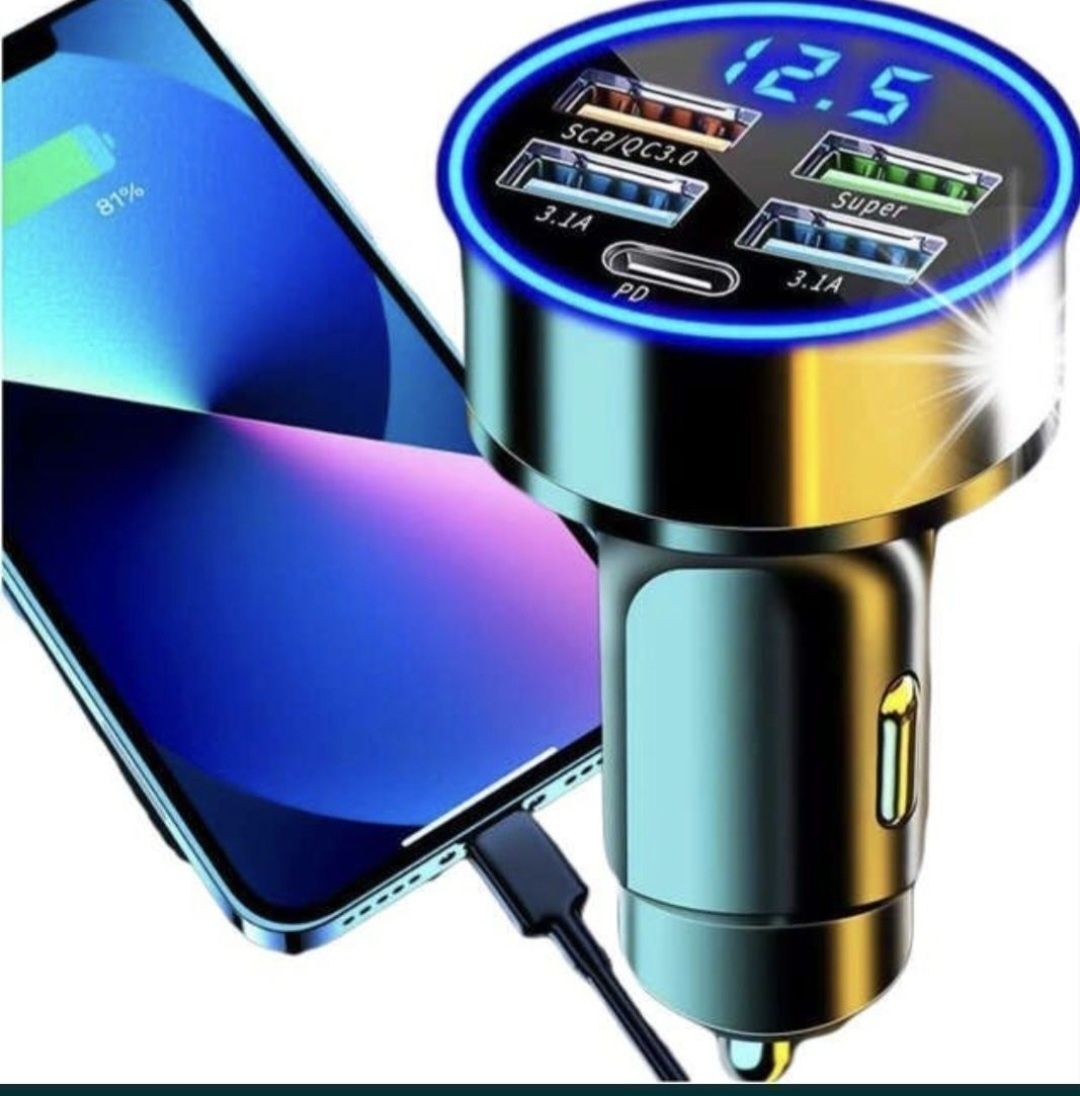 Mocna ładowarka samochodowa 250W | 4x USB + USB-C PD | LED | QC 3.0